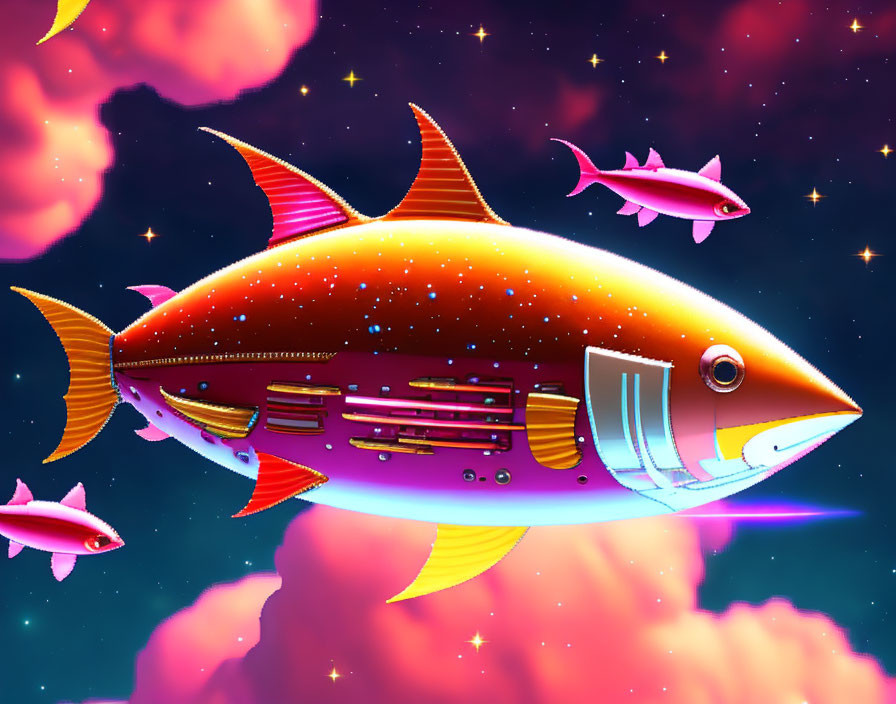 Whimsical digital illustration of fish spaceships in cosmic scene