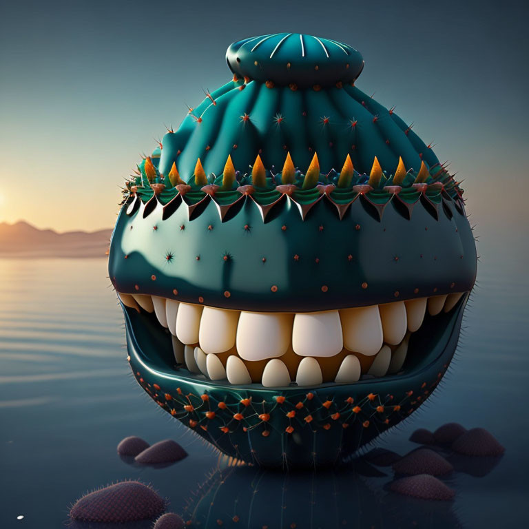 Surreal cactus-shaped object with sharp teeth by calm sea