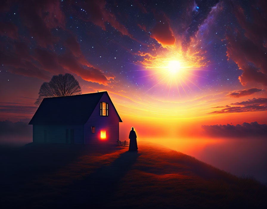 Silhouette of a person by house under starry sky with bright sunrise/sunset