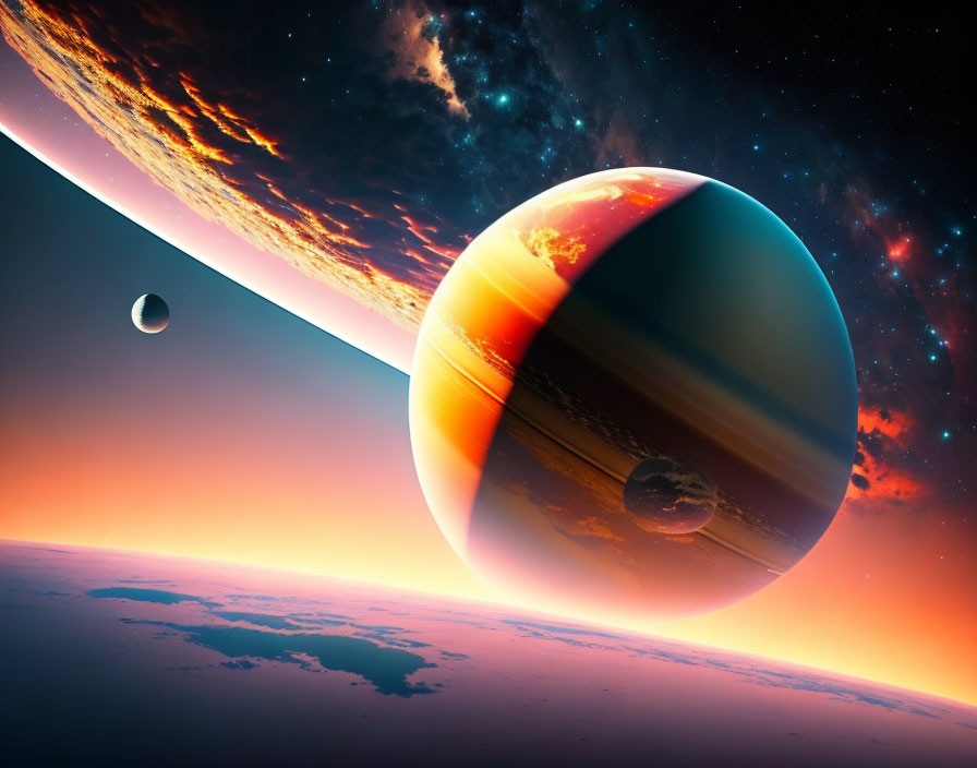 Colorful digital art: Large planet, moon, and distant planet in space scene