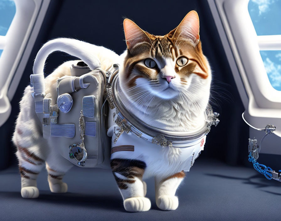 Stylized cat in astronaut suit with space-themed backpack in spacecraft.