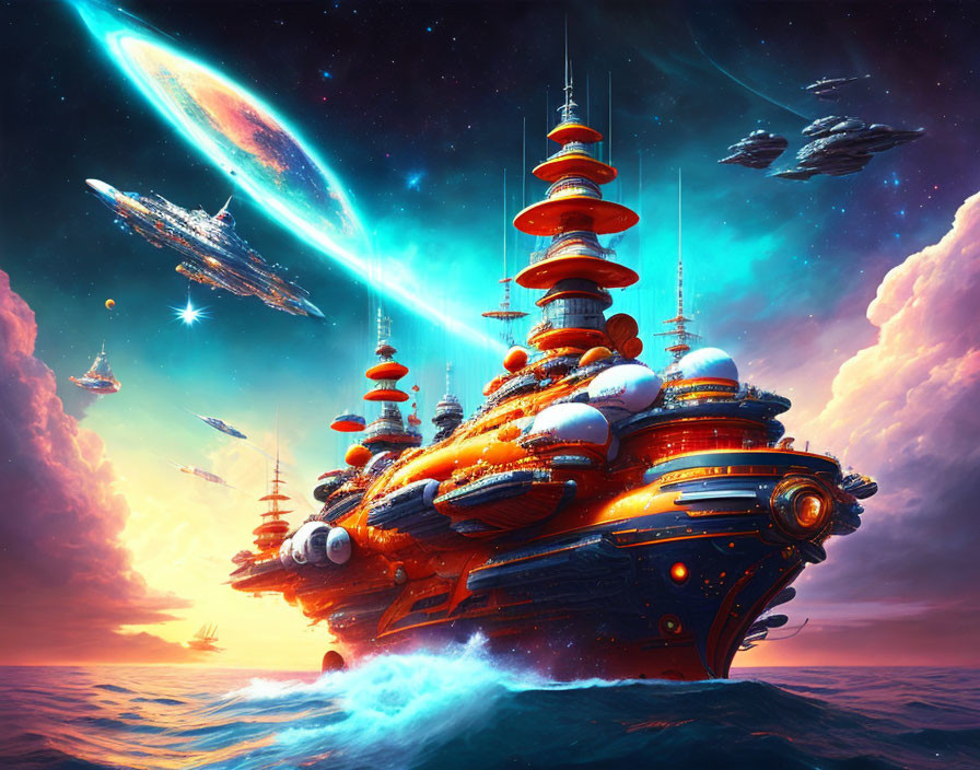 Futuristic sci-fi scene: large spaceship over ocean waves, surrounded by smaller craft and mete