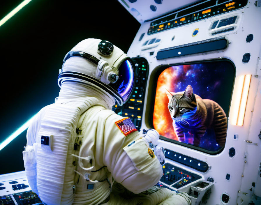 Astronaut observing cat on screen in spacecraft