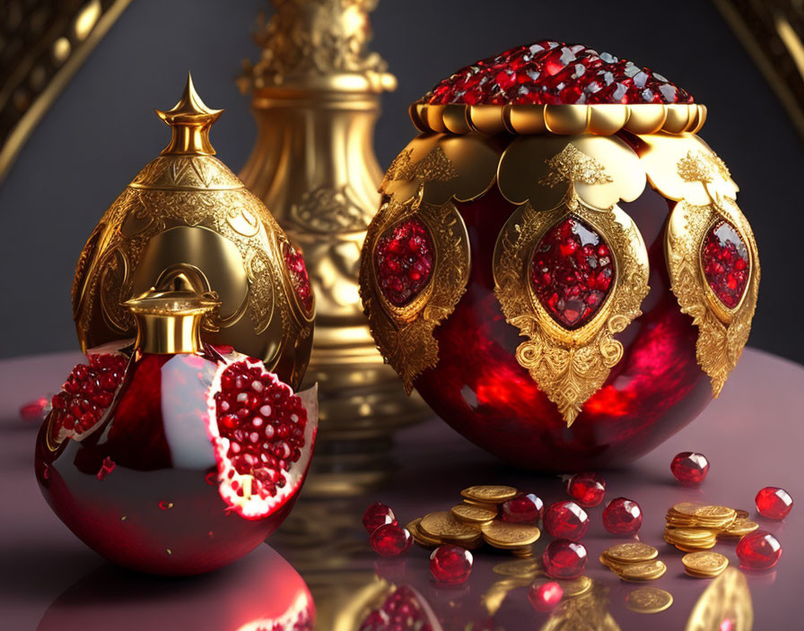 Opulent still life featuring golden perfume bottle, jeweled pomegranate, gems, and gold