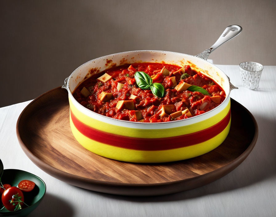 Colorful Ceramic Pot with Tomato Sauce, Tofu Chunks, and Fresh Basil