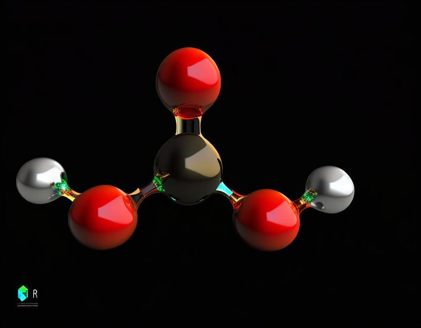 3D model of molecule with black, red, and white spheres on black background