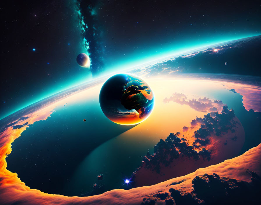 Colorful Space Scene with Earth, Planet, Nebula, and Stars