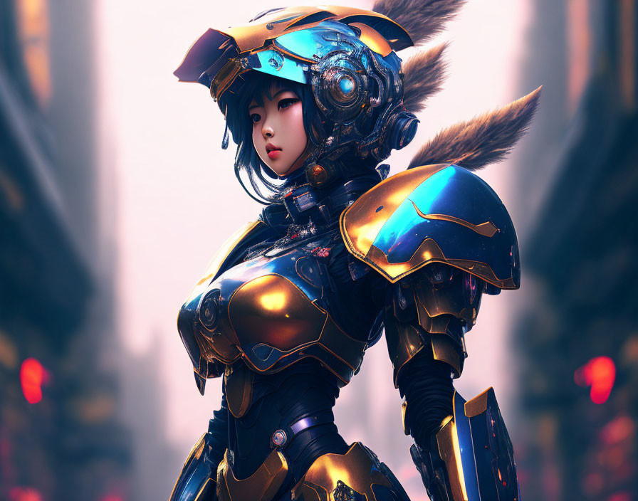 Female character in futuristic armor with glowing blue accents and sci-fi structures.