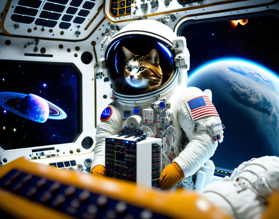 Cat in astronaut suit in spacecraft cockpit with Earth and space views