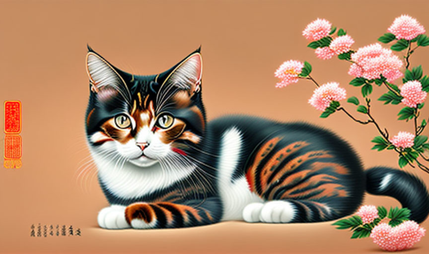 Vibrant calico cat with pink flowers on beige background