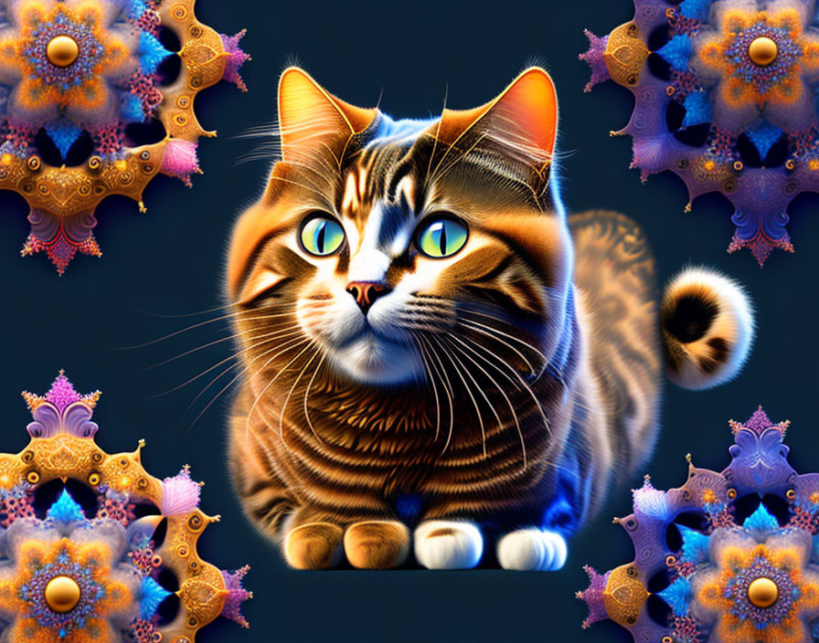 Colorful digital artwork: stylized cat with blue eyes in ornate patterns