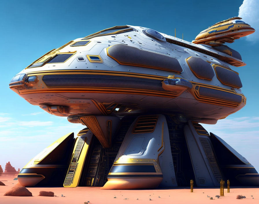 Golden-accented futuristic spacecraft on desert landscape with hovering ship