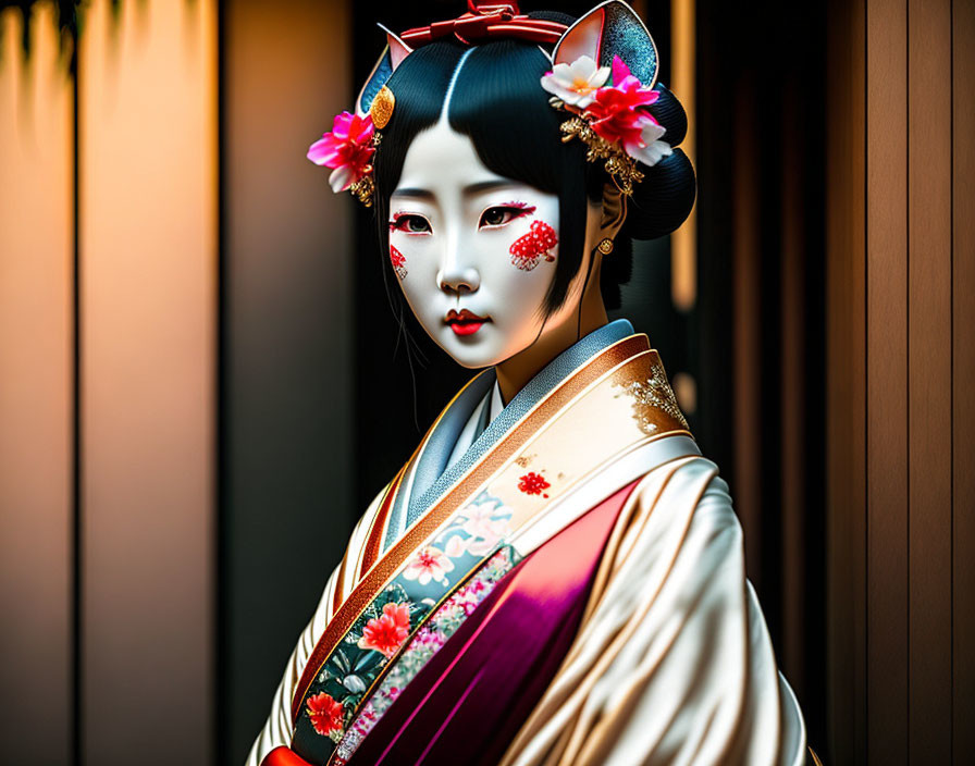 Traditional Japanese Woman in Floral Kimono with Red Lips and White Face