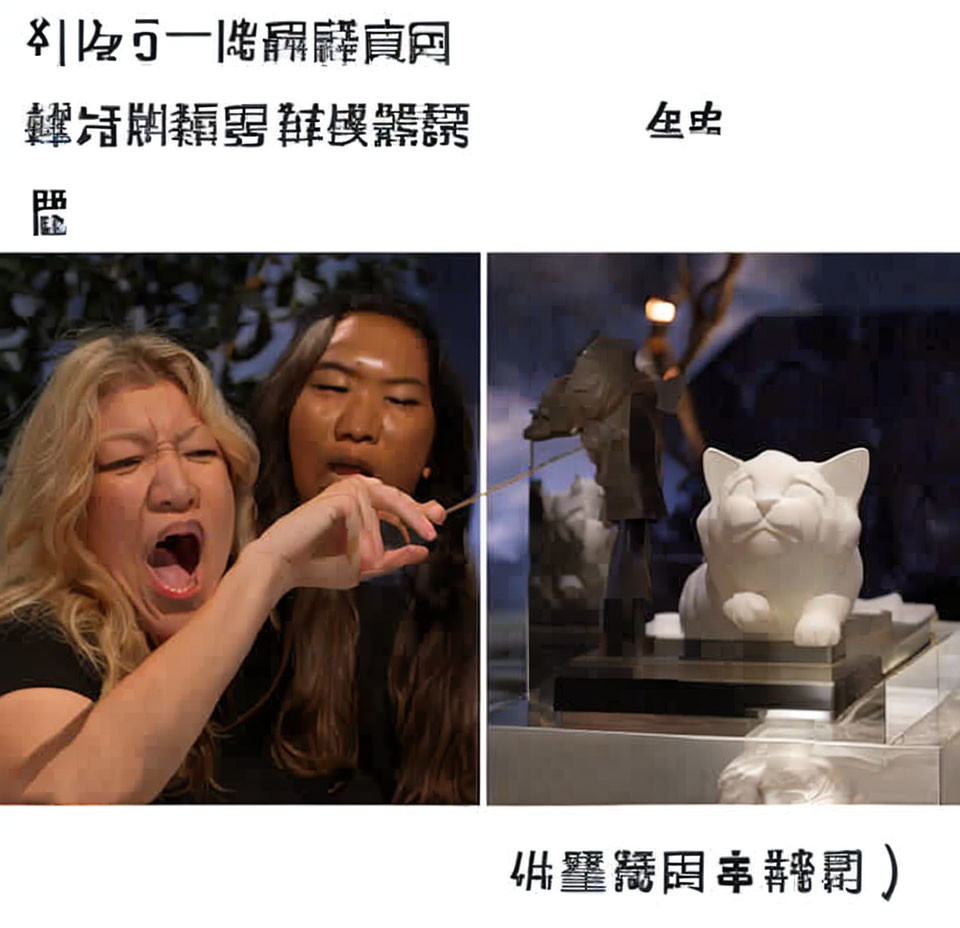 Two women playfully interact with cat sculpture, pretending to pet it.