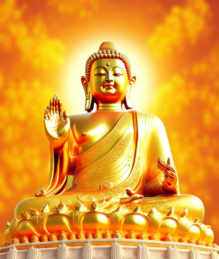 Golden Buddha Statue Seated in Lotus Position on Orange Bokeh Background