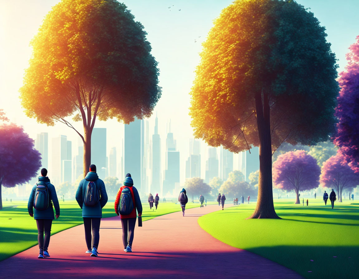 Three People Walking on Park Path Towards City Skyline with Backpacks