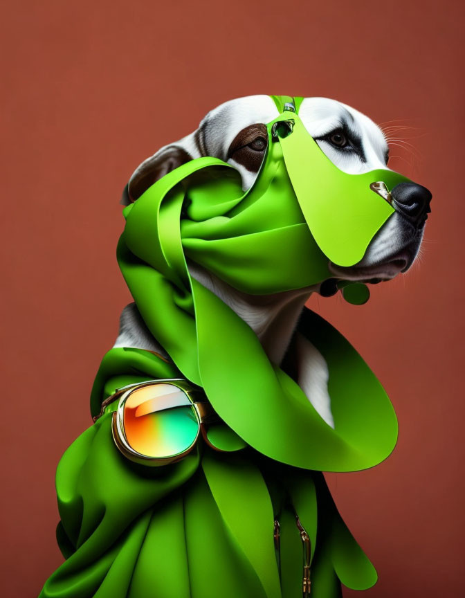 Stylized green-armored dog with sunglasses on red background