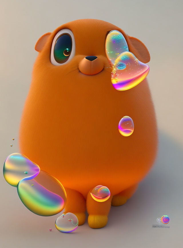 Orange Cartoon Creature Blowing Soap Bubbles