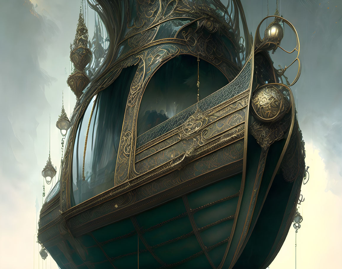 Intricate steampunk airship floating in clouds