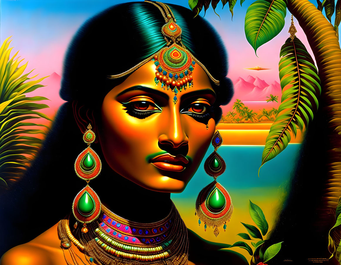 Vibrant artwork of woman in Indian jewelry against tropical scenery