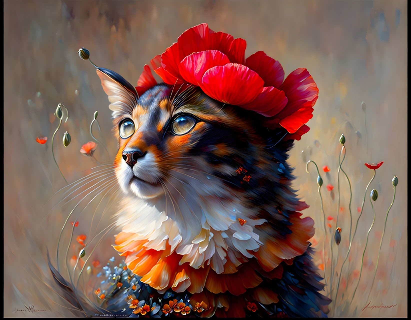 Colorful cat surrounded by red poppies and flowers in digital painting