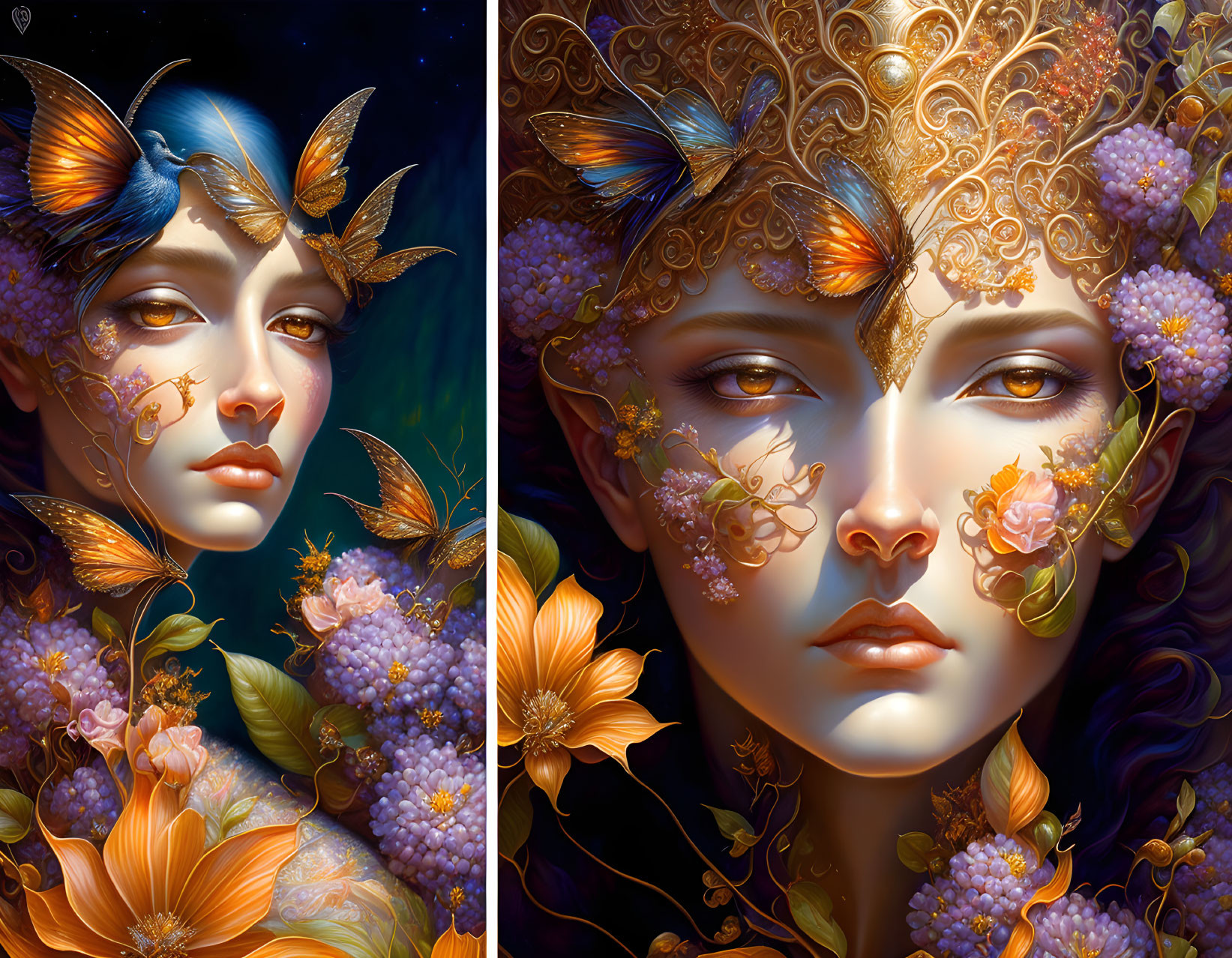 Stylized portraits of a woman with floral and butterfly motifs in blue and gold tones.