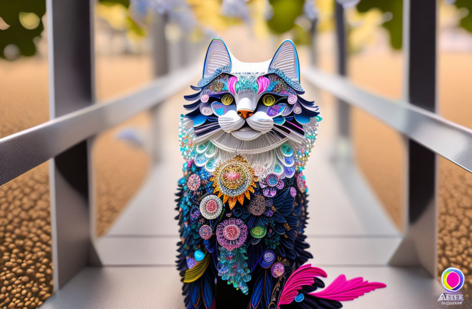 Intricate multicolored paper cat sculpture on surface with blurred background