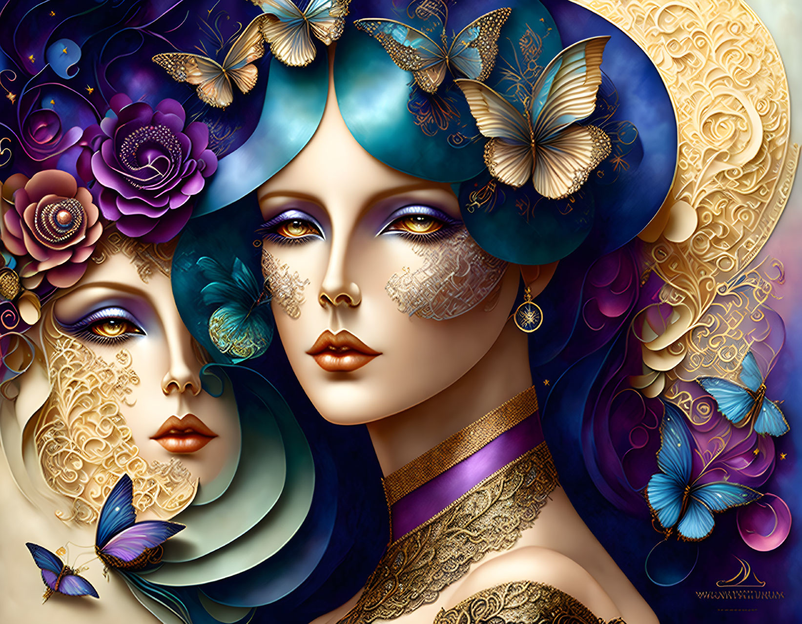 Stylized female faces with gold filigree, blue and purple hues, and butterfly details