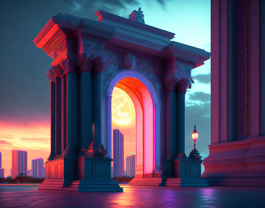 Neoclassical Architecture with Illuminated Pillars at Twilight