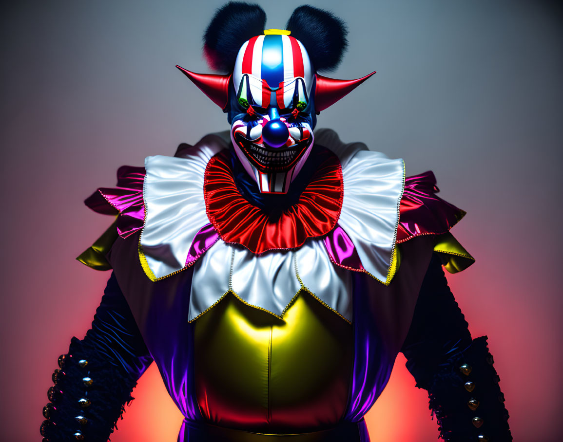 Colorful Menacing Clown with Diabolical Smile on Gradient Background