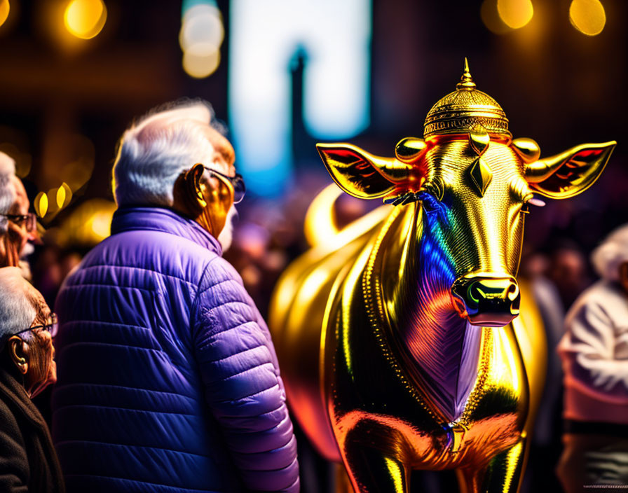 Golden Bull Statue in Vibrant Crowd Scene with Colorful Lighting