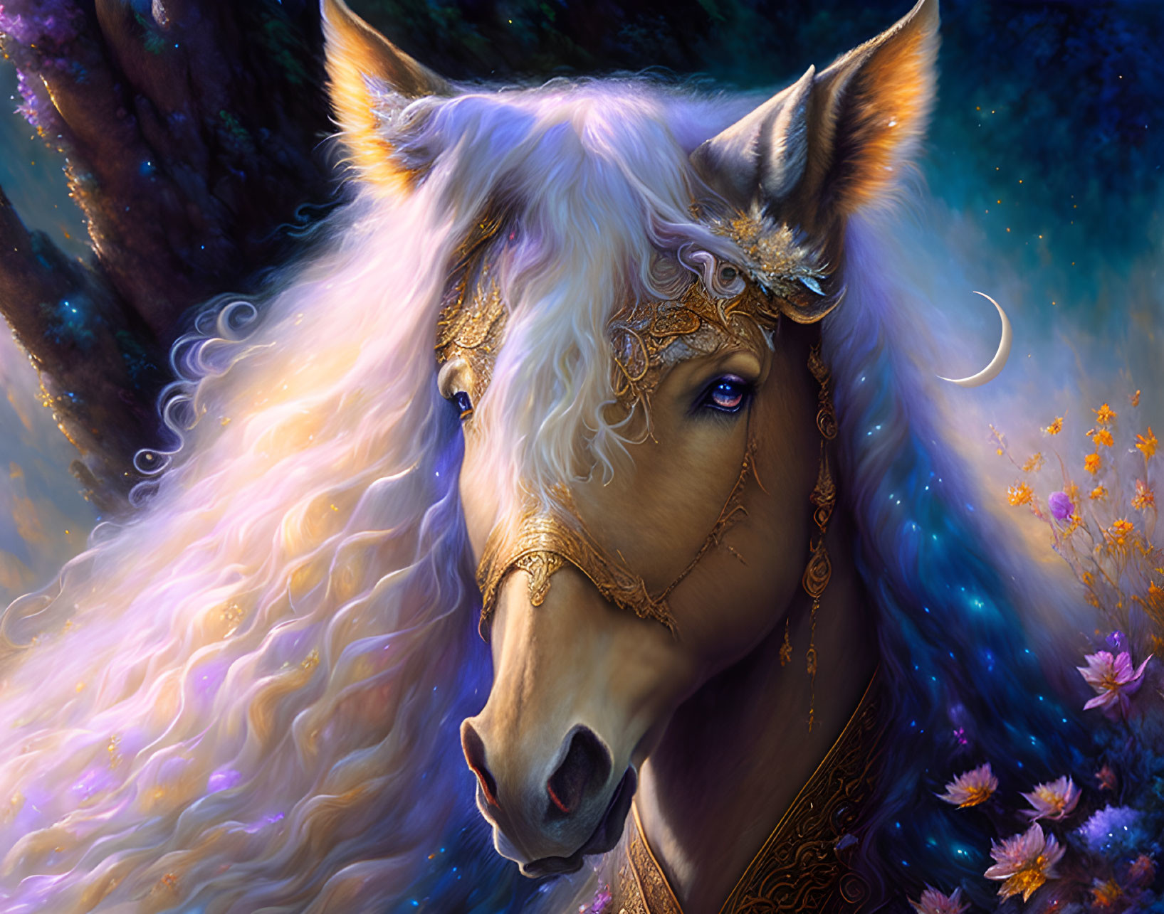 Majestic unicorn with golden mane in mystical forest glade