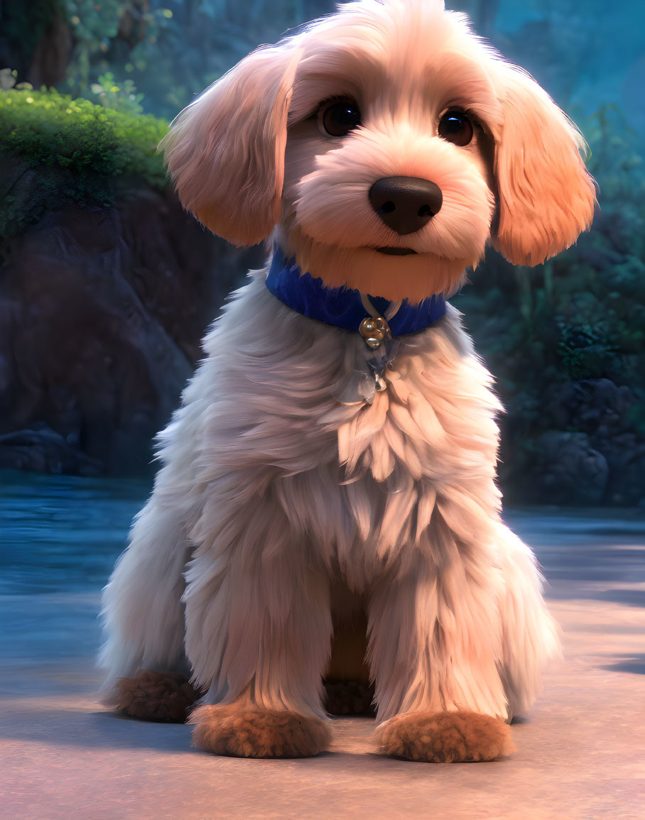 Fluffy White and Tan Animated Puppy in Twilight Forest Setting