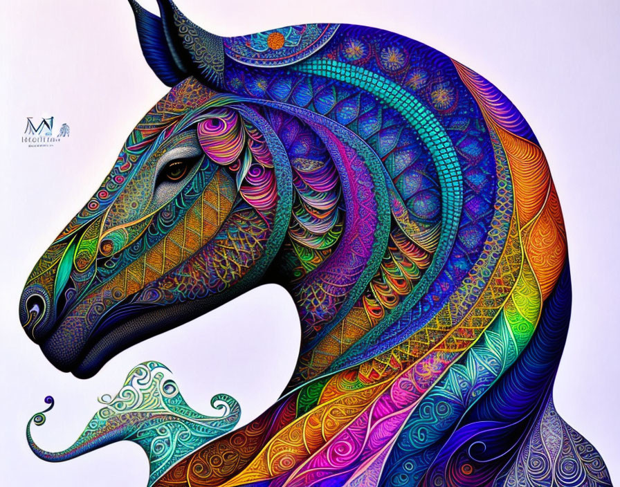 Colorful Abstract Horse Illustration with Swirls and Geometric Patterns