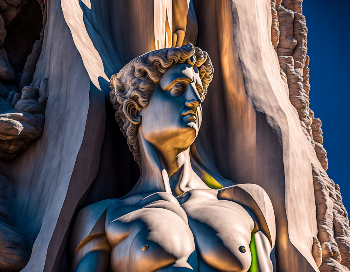 Classical-style statue with curly hair and chiseled features against rocky backdrop