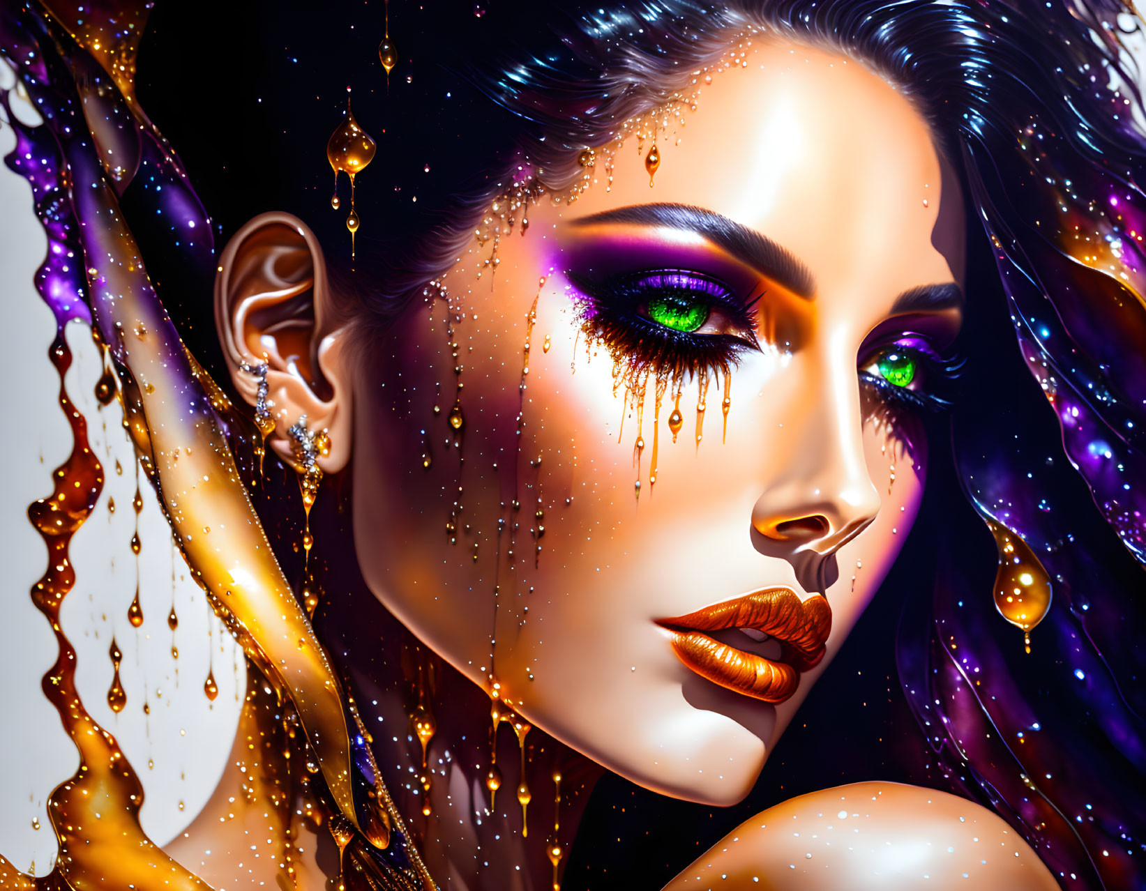 Colorful digital artwork: Woman with green eyes, vibrant eyeshadow, gold liquid dripping