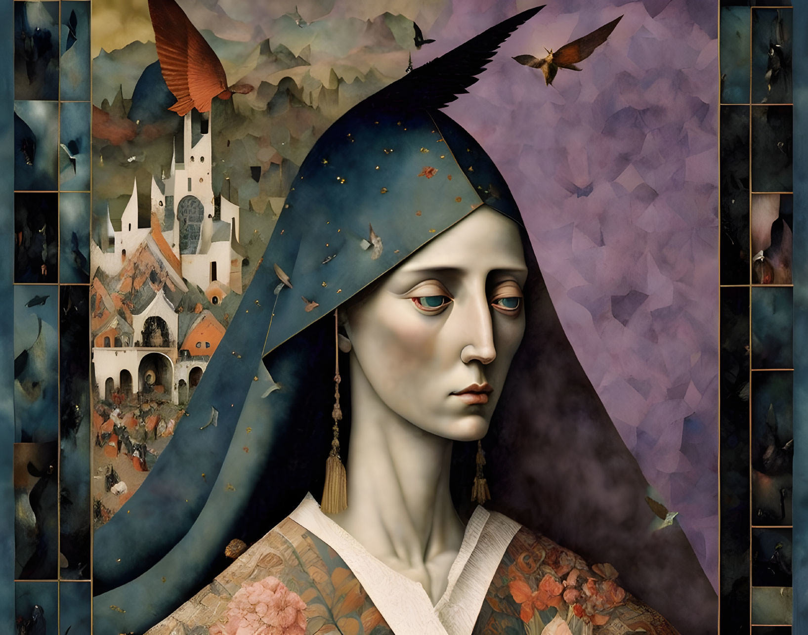 Surrealist portrait of woman with integrated landscape and cityscape