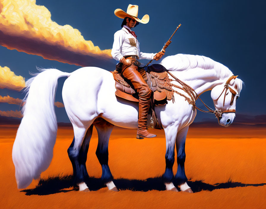 Cowboy in white hat riding white horse with lasso in desert landscape.