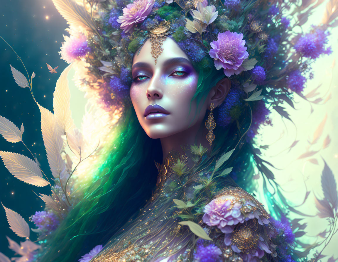 Fantasy portrait of woman with purple flowers, golden jewelry, and green hair in soft light