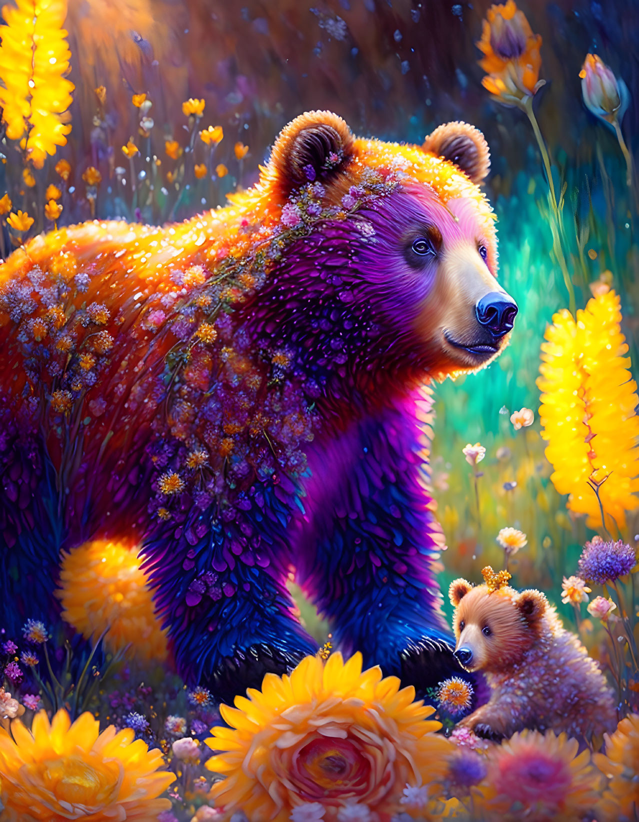 Colorful Bear and Cub in Enchanting Flower Field