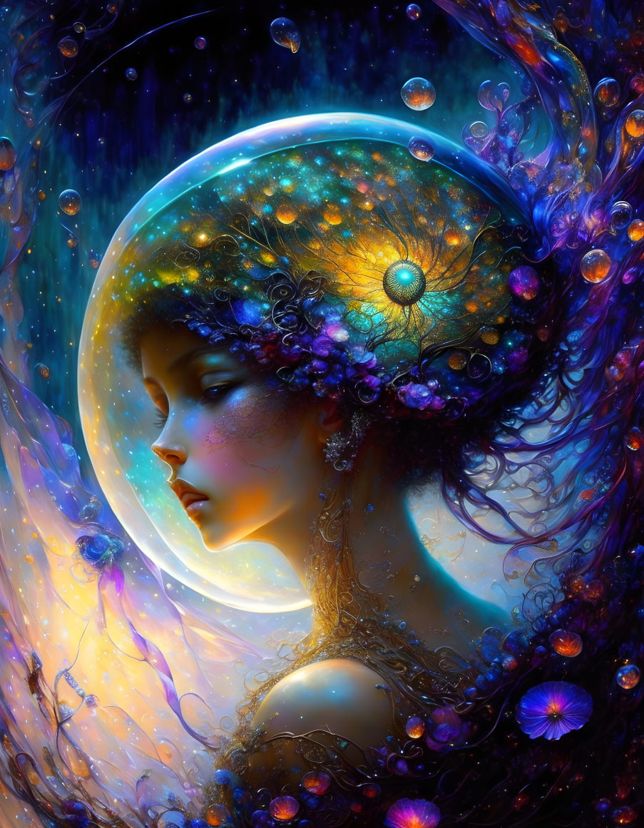 Celestial-themed digital artwork with woman and cosmic elements