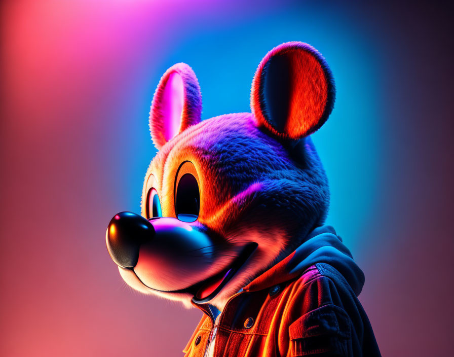 Colorful Cartoon Mouse Character in Denim Jacket on Neon Background