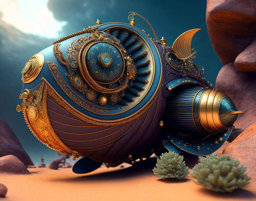 Intricate Gold and Blue Steampunk Fish on Reddish Rocks