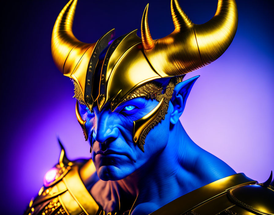 Blue-skinned person in gold and black horned mask on blue and purple backdrop