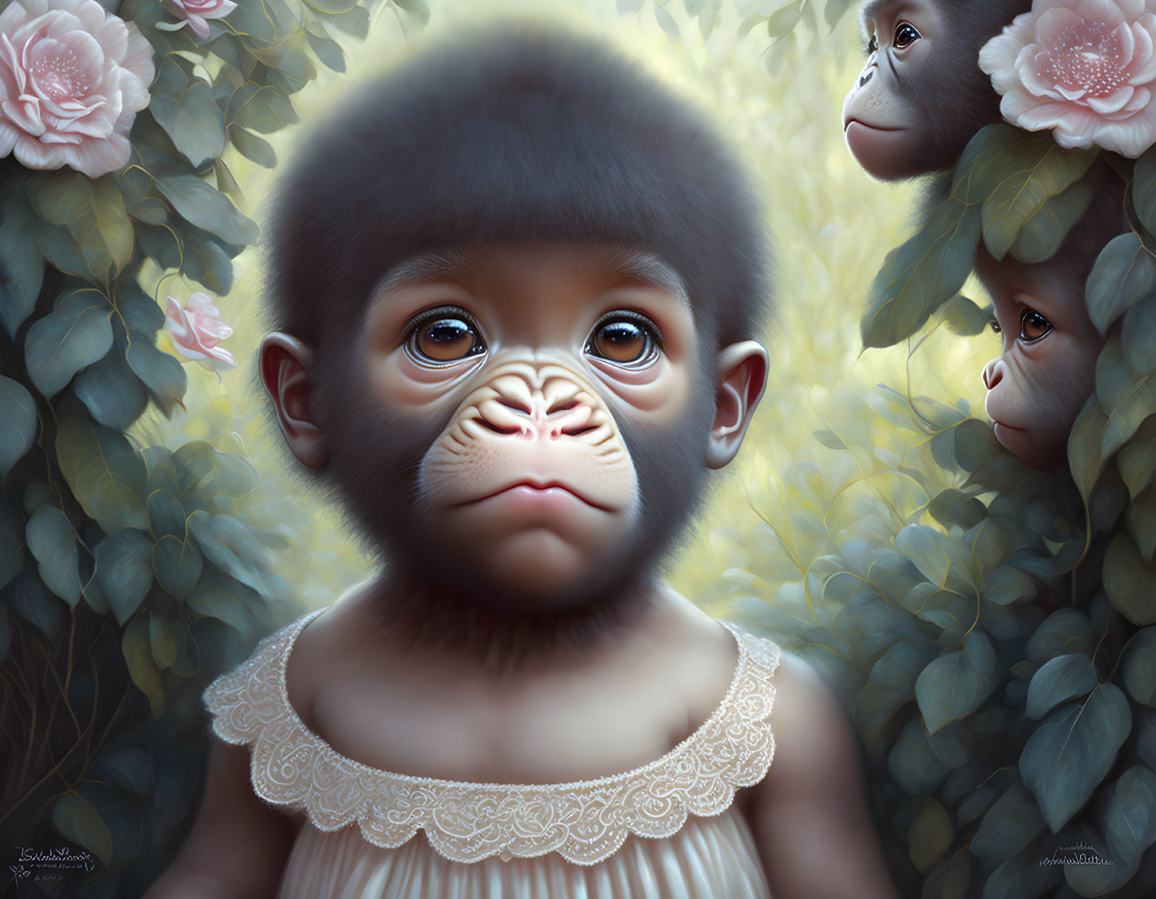 Anthropomorphized baby monkey digital art with flowers and lace dress