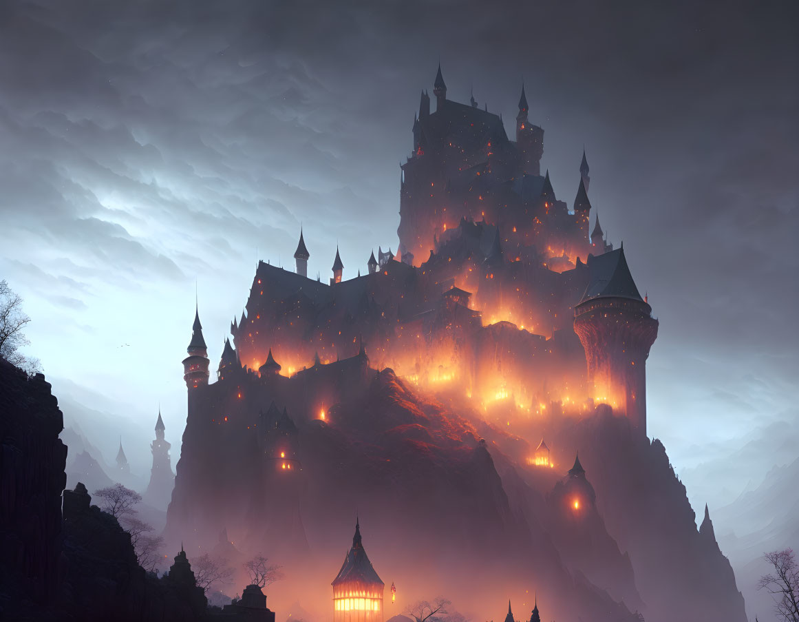 Mystical castle on rocky peak with glowing lights