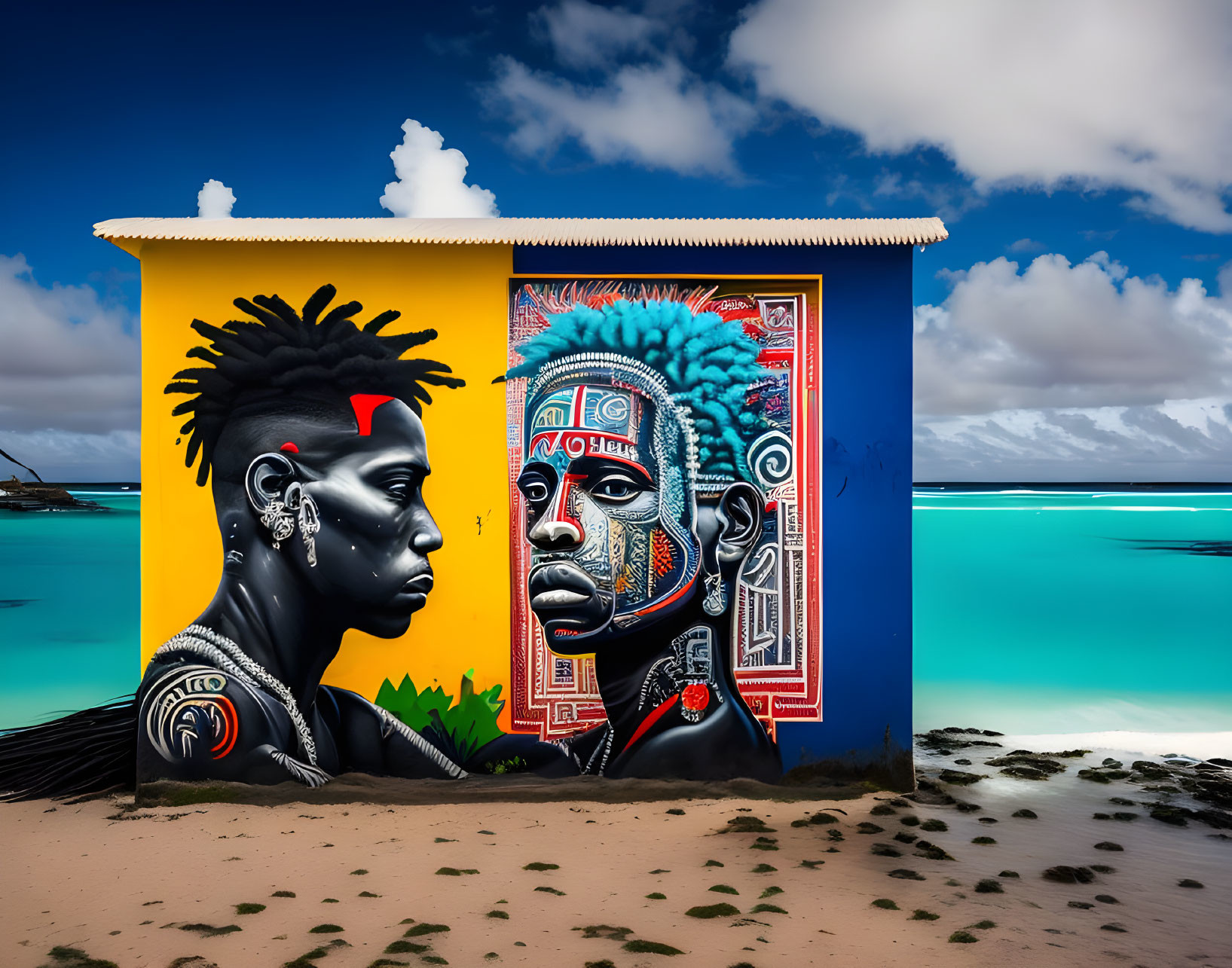 Colorful African-inspired face paint mural on beach hut with blue sky and sea