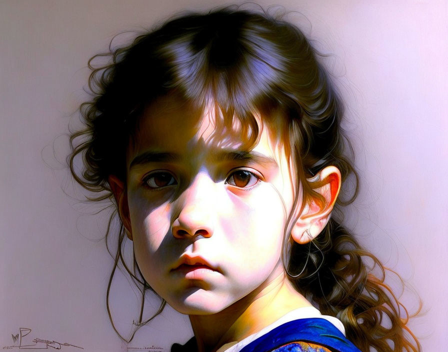 Realistic portrait of young girl with expressive eyes and curly hair