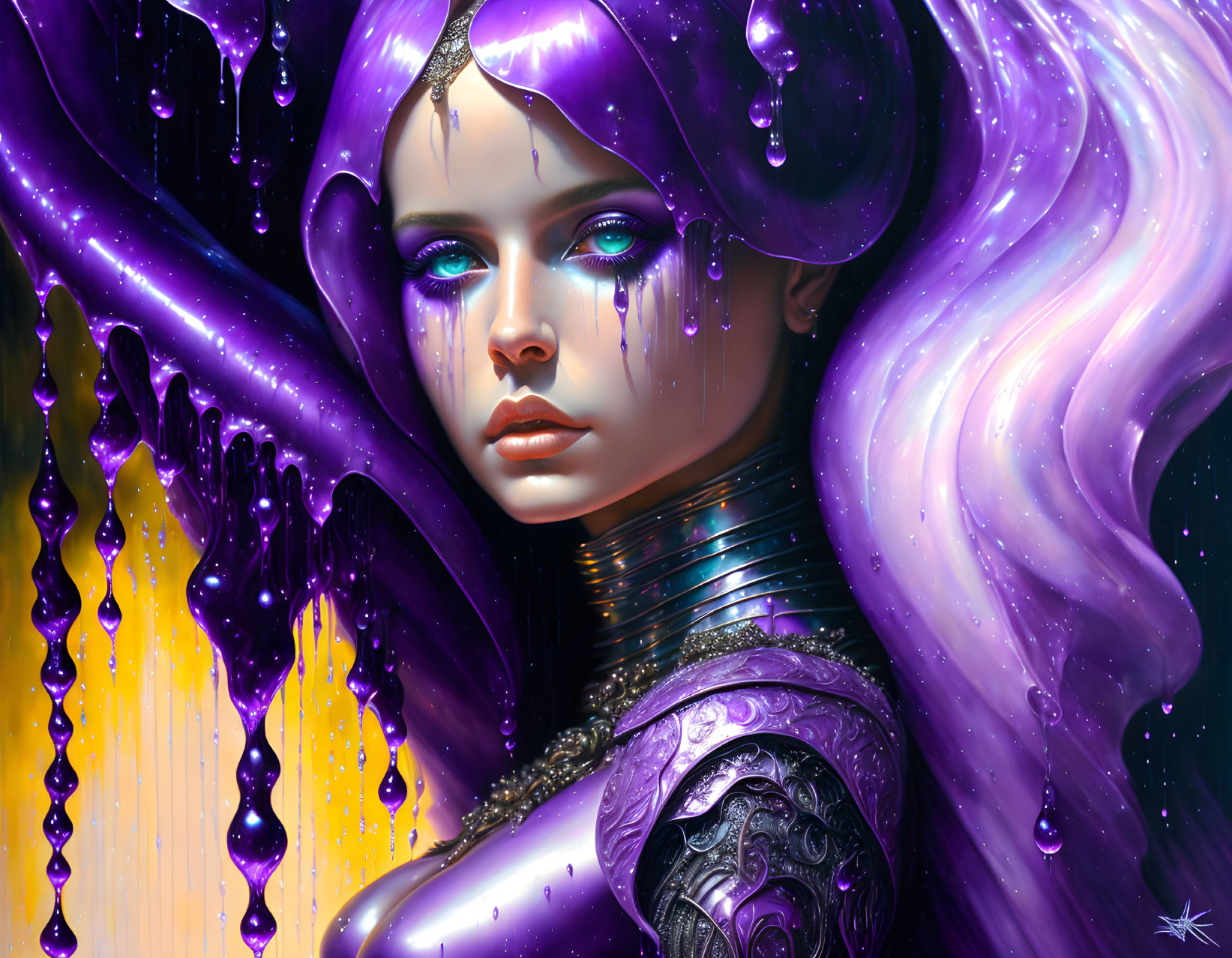 Colorful artwork: Female figure with blue eyes, purple and metallic accents, surrounded by liquid hues