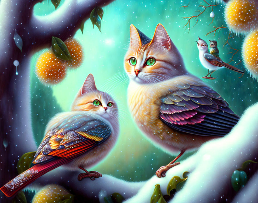 Two Cat-Like Birds on Snowy Branches in Magical Forest